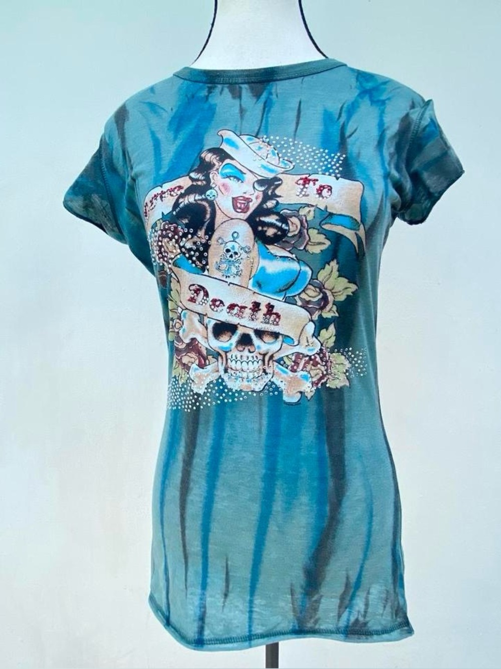 Y2K Blue Sailor Girl Grunge Tattoo Print Rhinestone T-shirt Size Medium
